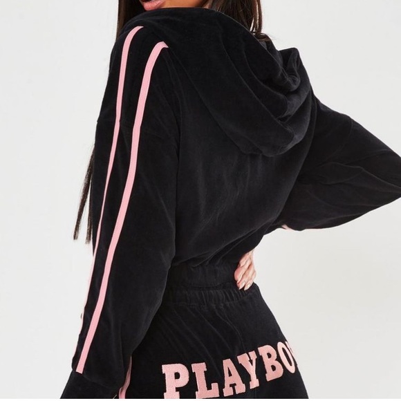PLAYBOY X MISSGUIDED black velour cropped hoodie - Picture 4 of 6